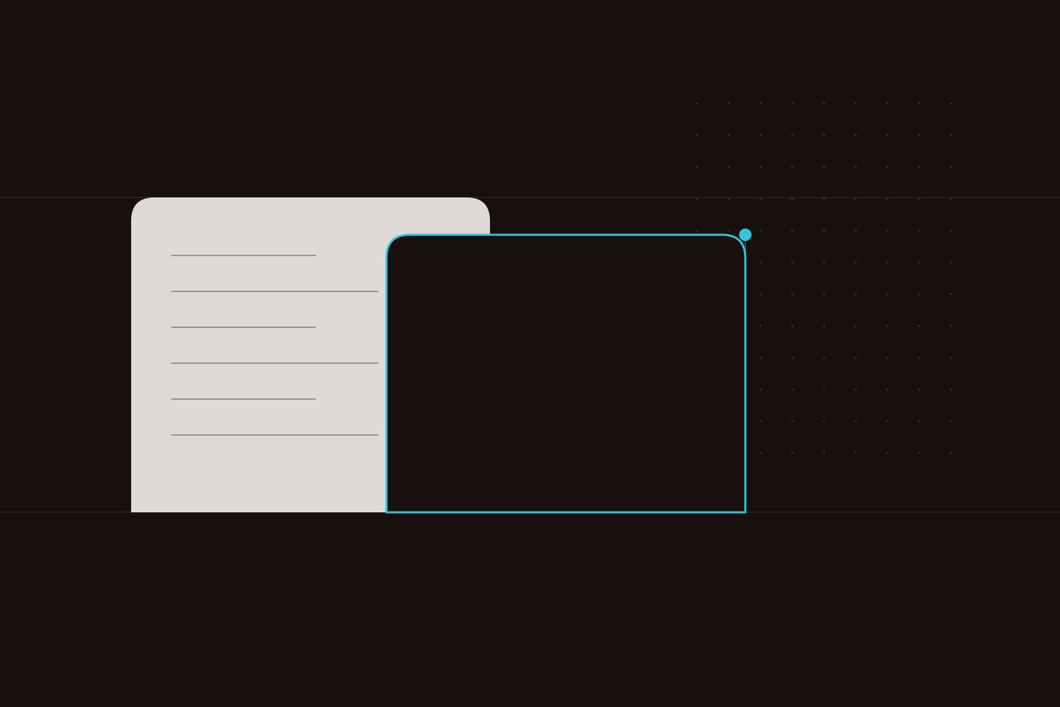 Abstract editorial artwork: two rounded tab shapes on a dark field, one filled with paper tone and lined, the other drawn only as a cyan outline and left empty.