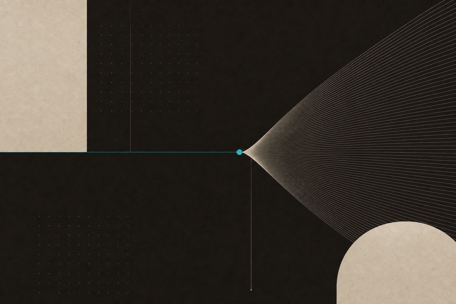 Abstract editorial artwork: a wide fan of fine lines funnelling through a dense cyan node and emerging as a single thin line.