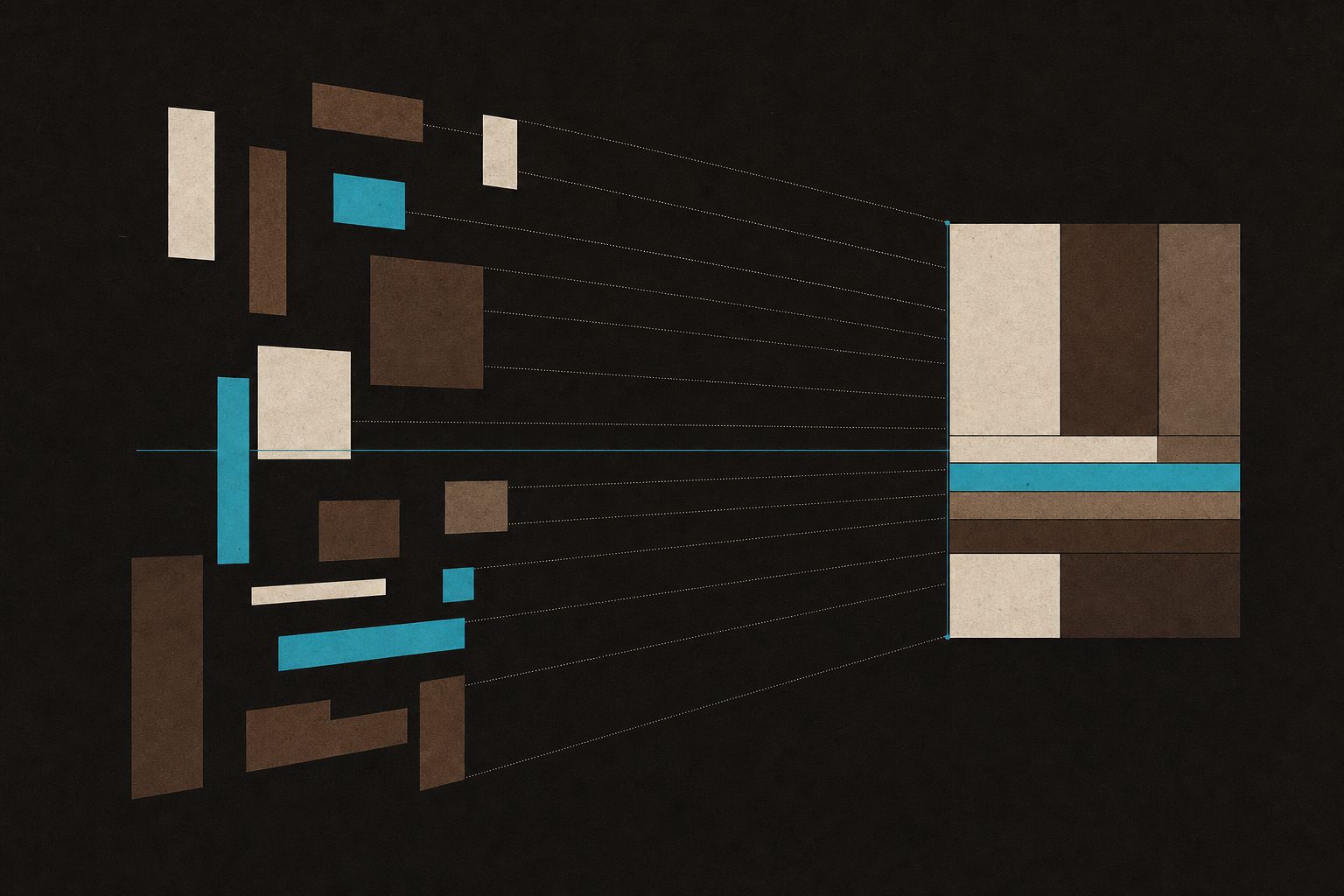 Abstract editorial artwork: scattered rectangles converging into one aligned block, a cyan line picking out the alignment.