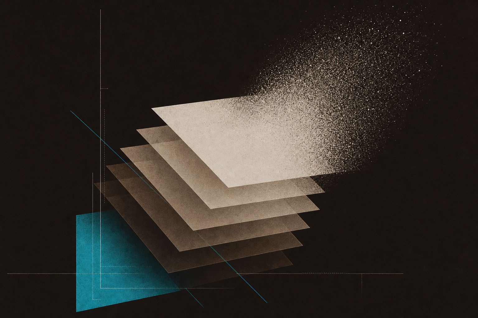 Abstract editorial artwork: layered translucent rectangles offset in a diagonal stack, the topmost dissolving into particles.