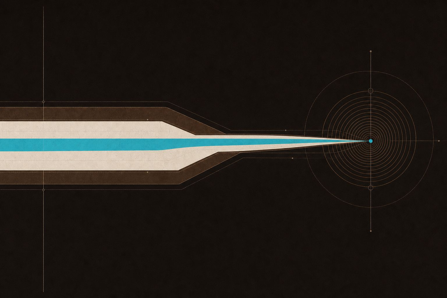 Abstract editorial artwork: a long horizontal channel narrowing across a dark umber field, with fine concentric rings gathering at one end.