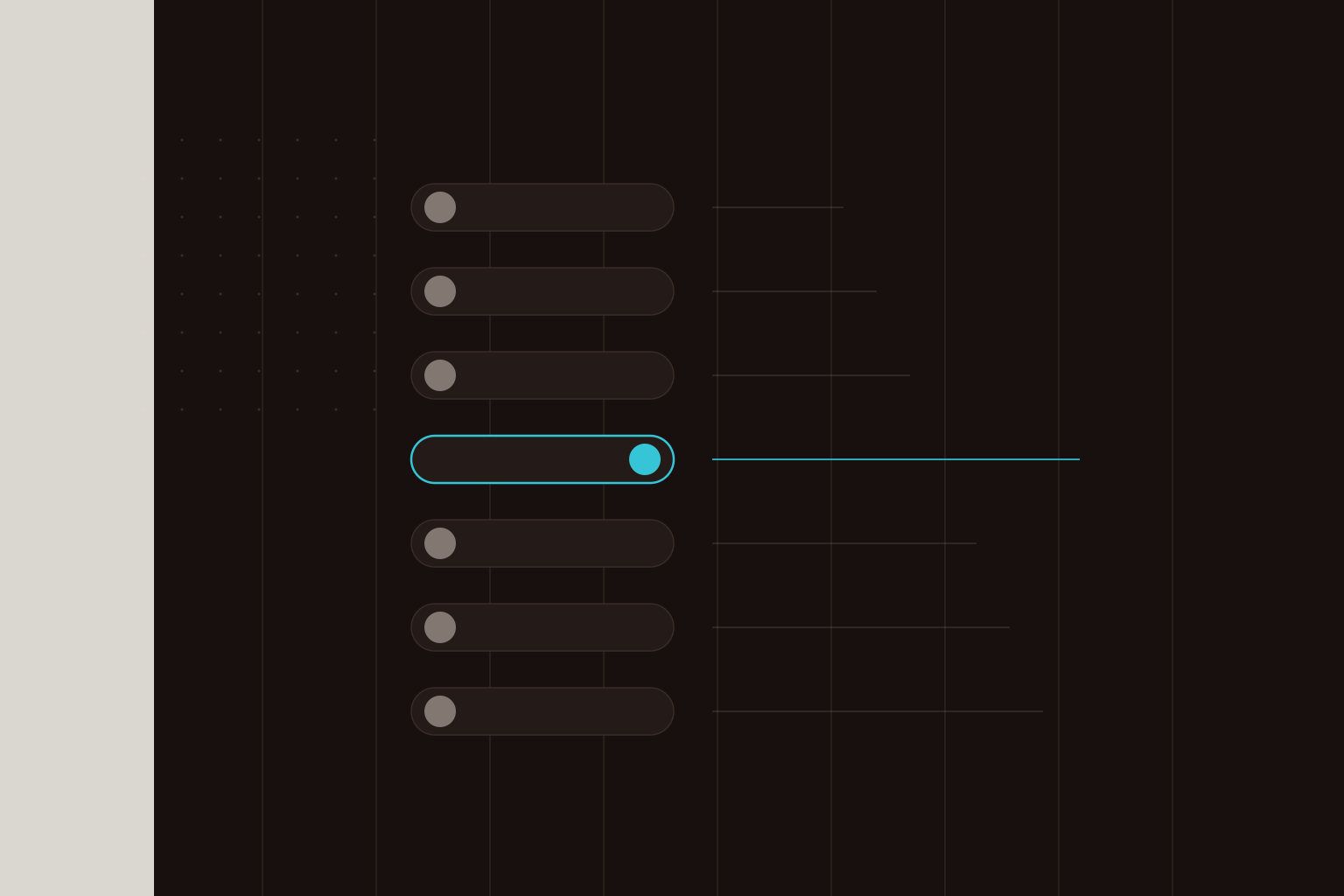 Abstract editorial artwork: a column of switch tracks on a dark umber field, one of them thrown and drawn in cyan, the others dim.